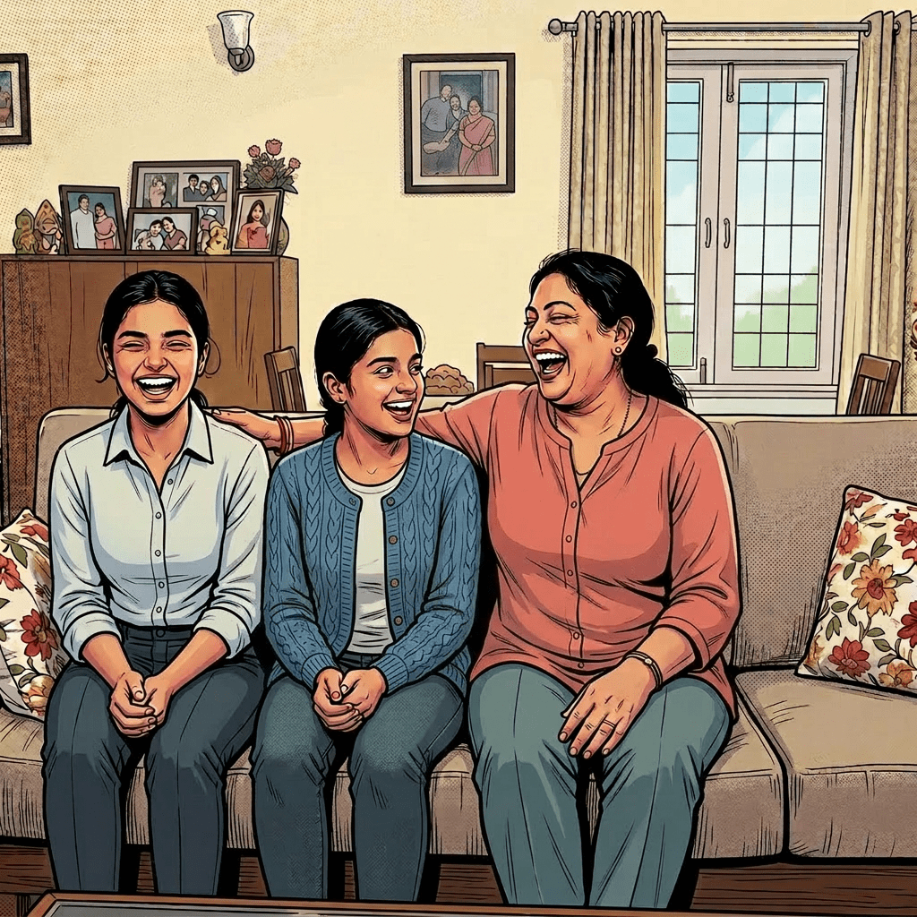 Mother laughing with her three daughters showing different emotions on a couch