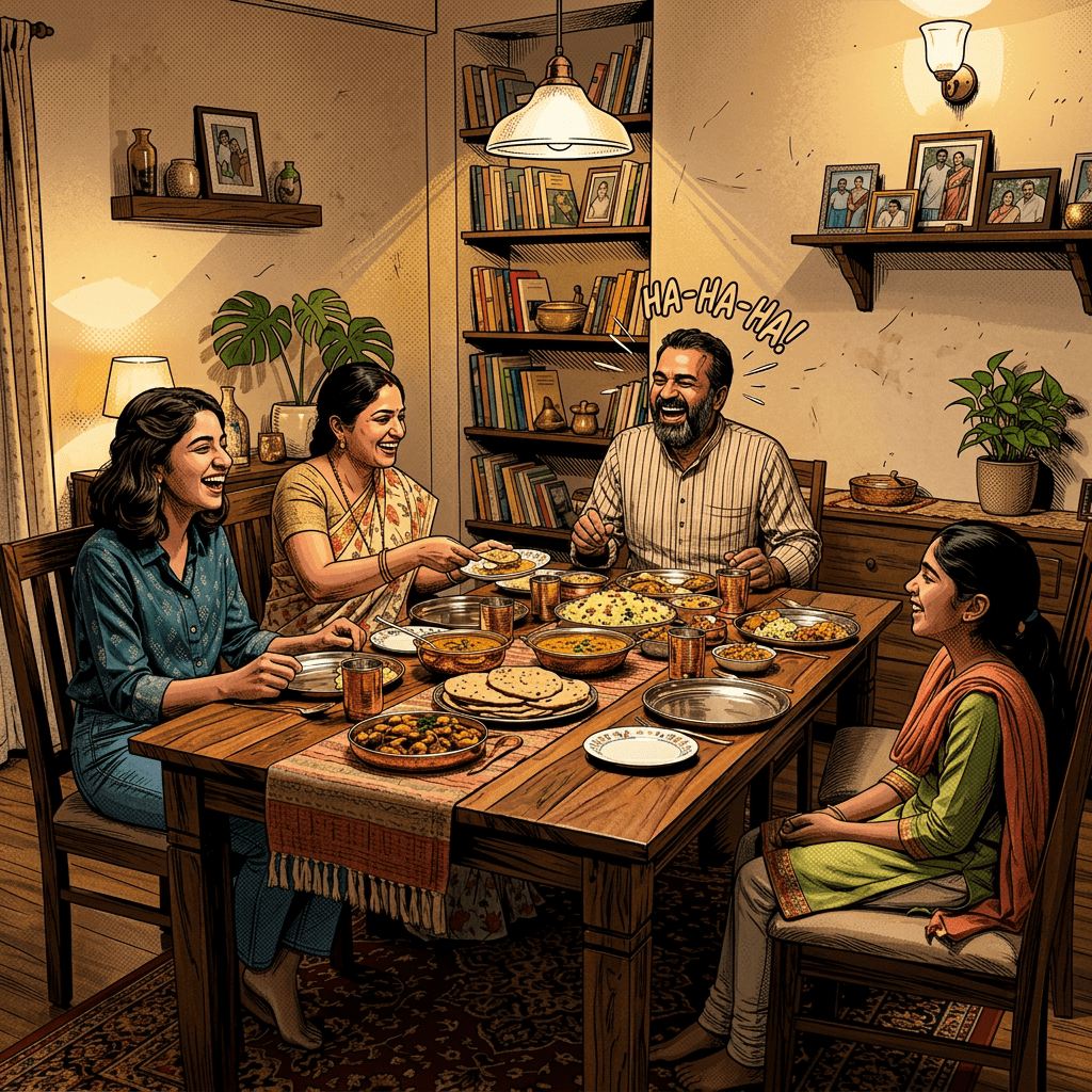 Indian family of six sitting on a sofa, smiling and laughing together