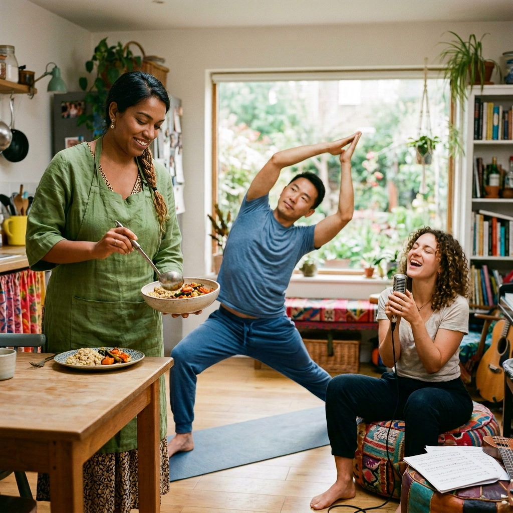 Three friends cooking, stretching, and singing together in a bright home